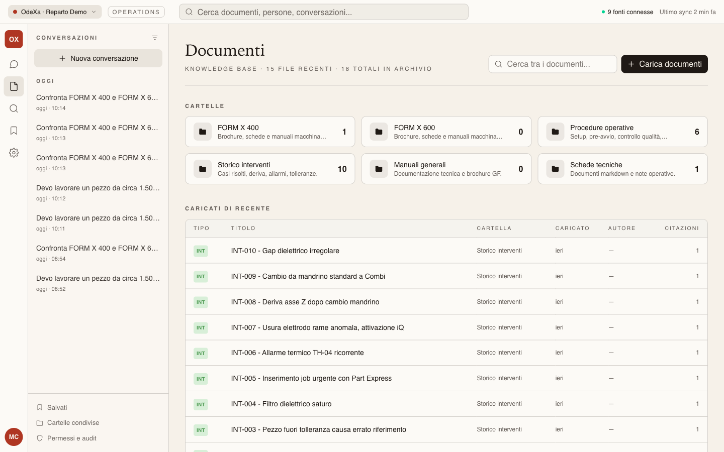 Odexa — knowledge base con cartelle e file recenti